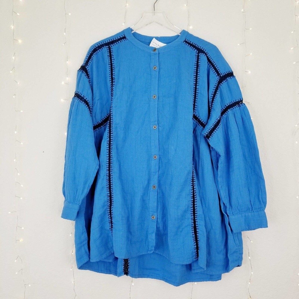 Free People In Lust Blue Button Front Lagenlook Cotton Shacket Shirt Jacket S